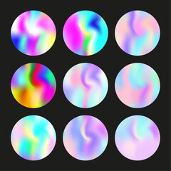 Holographic abstract backgrounds set. Gradient hologram. Colorful holographic backdrop. Minimalistic 90s, 80s retro style graphic template for brochure, banner, wallpaper, mobile screen.