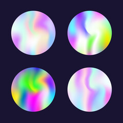 Holographic abstract backgrounds set. Gradient hologram. Vibrant holographic backdrop. Minimalistic 90s, 80s retro style graphic template for placard, presentation, banner, brochure.