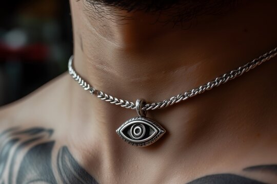 closeup of a silver thirdeye pendant around a neck