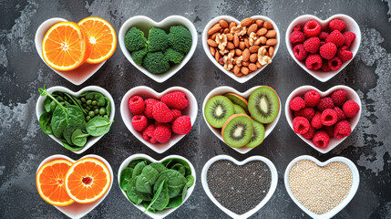 Assortment of nutritious foods in heart-shaped bowls, including nuts, berries, and greens on a dark surface.