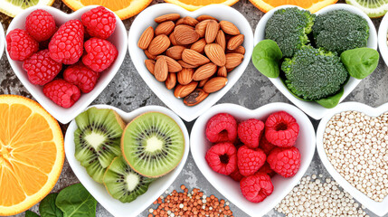 Assortment of nutritious foods in heart-shaped bowls, including nuts, berries, and greens on a dark surface.