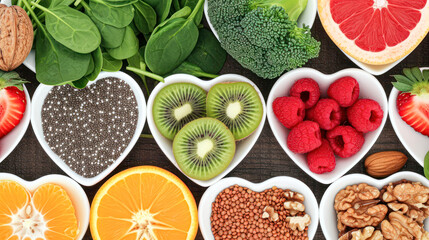 Assortment of nutritious foods in heart-shaped bowls, including nuts, berries, and greens on a dark...