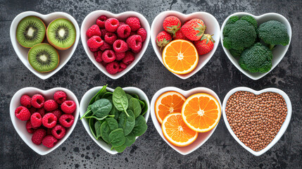 Assortment of nutritious foods in heart-shaped bowls, including nuts, berries, and greens on a dark surface.