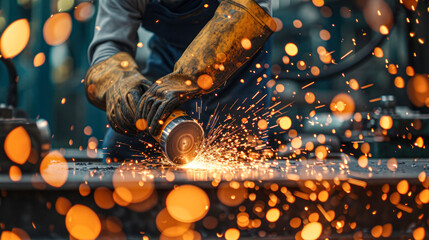  Close-up of a worker's hands using an angle grinder on metal with bright orange sparks flying.