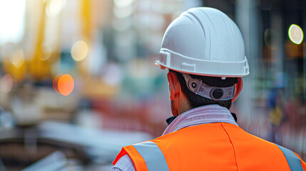 Rear view of a construction worker in a hard hat and reflective vest observing a construction site during sunset.