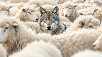 A single wolf stands out amid a flock of sheep, all looking toward the camera with a sense of alertness. - obrazy, fototapety, plakaty