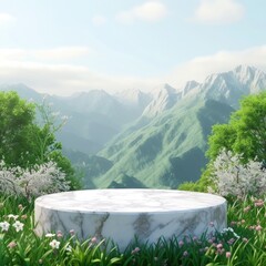 Natural background marble podium in the mountains, for product display presentation.