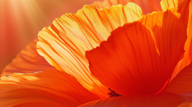 The vibrant orange petals of a backlit poppy radiating with warmth and energy.