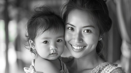 Close portrait of asian mother and child in traditions asian style