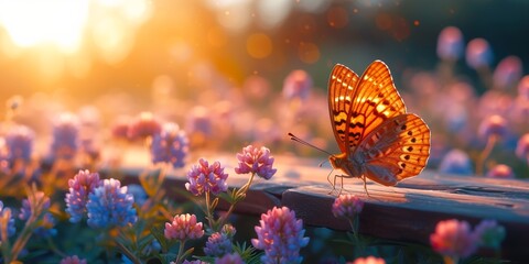 In a quiet meadow, summer gives birth to a symphony of colors, butterflies dance among the blooming flowers. - obrazy, fototapety, plakaty