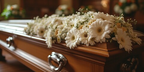 Funeral ceremony: brown coffin decorated with white flowers, symbolizing mourning in the church. - obrazy, fototapety, plakaty