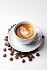 A coffee cup and beans arranged on a white background by ai generated