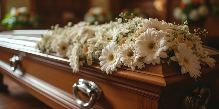 Funeral ceremony: brown coffin decorated with white flowers, symbolizing mourning in the church.
