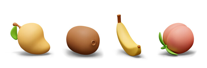 Set of 3D isolated fruits on white background. Whole mango, kiwi, banana, peach with leaf