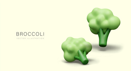 Horizontal concept with realistic broccoli. Fresh green vegetable, type of cabbage