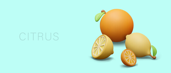 Citrus concept in realistic style. Orange and lemon, whole fruits and halves