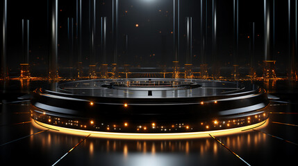 Round podium with gold highlights and backlight on a dark blank background for product demonstration