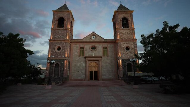 Evening view of the Cathedral of La Paz,La Paz, Baja California Sur, Mexico after sunset.