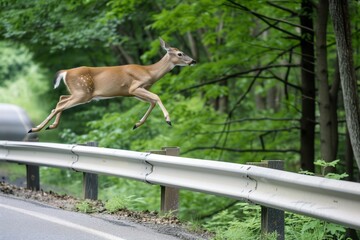 deer leaping over a guardrail on a forestlined road