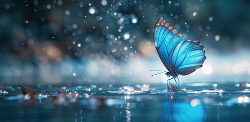 Blue butterfly on water with light reflections. The concept of beauty and nature. - obrazy, fototapety, plakaty