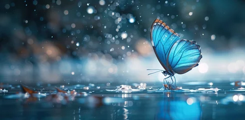 Foto op Plexiglas Blue butterfly on water with light reflections. The concept of beauty and nature. © volga