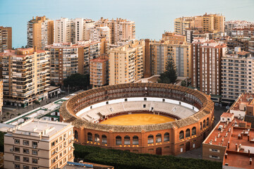 Aerial view of La Malagueta bullring (Plaza de Toros), located in heart of the city of Malaga,...