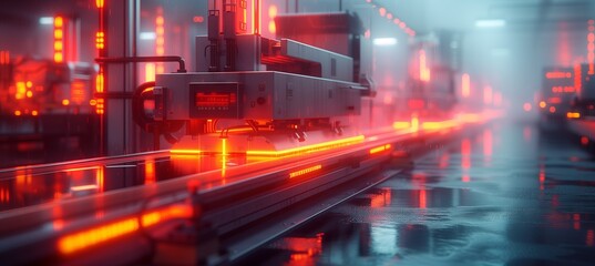 Automotive lighting on the conveyor belt in the factory with red lights