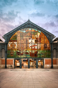 The massive stained-glass window of the Atarazanas Main Market (Mercado Central de Atarazanas), Malaga, Spain. The market is named after the shipyard that occupied its location during Muslim rule.