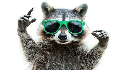 Raccoon in green sunglasses. The concept of playfulness and character.