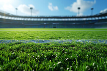 Grass close-up at a football stadium. Empty provincial sports stadium. The concept of sport, competition, victories, action, empty platform for championships. Euro 2024. Copy space - obrazy, fototapety, plakaty