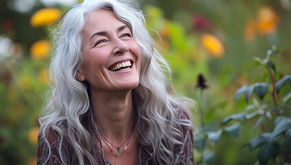 Elderly woman with silver hair joyfully smiling in nature. The concept of happiness and mature beauty.