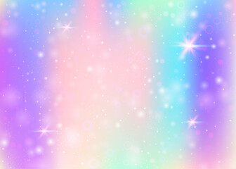 Magic background with rainbow mesh. Girlish universe banner in princess colors. Fantasy gradient backdrop with hologram. Holographic magic background with fairy sparkles, stars and blurs.