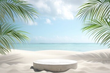 Stone podium with Summer sand and tropical sea background with minimalist style. for product display presentation.