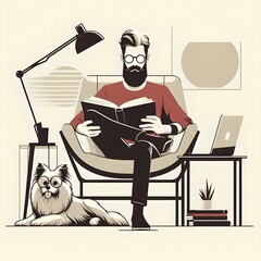  Illustration of a Person reading book beside his dog