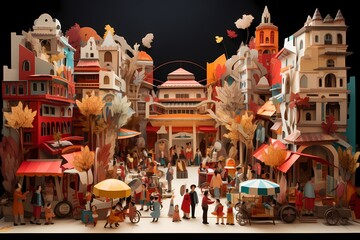 A paper art interpretation of a bustling street market, with finely cut stalls, vendors, and diverse characters creating a lively and vibrant atmosphere.