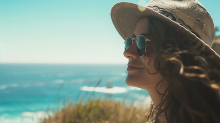 Stylish Young Woman with Sunglasses and Hat Enjoying Ocean View AI Generated