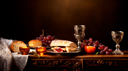 Fototapeta na wymiar A classic still life arrangement of wine, fruits, and literature bathes in a dim, warm glow, evoking a scene rich with nostalgia and the pursuit of knowledge.