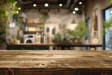 Fototapeta na wymiar Empty wooden table with restaurant blur background. Generative AI