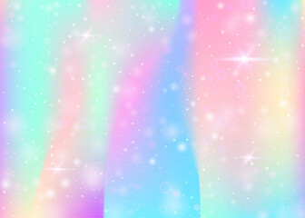 Holographic background with rainbow mesh. Cute universe banner in princess colors. Fantasy gradient backdrop with hologram. Holographic magic background with fairy sparkles, stars and blurs.