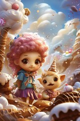 3d illustration of a girl with a stuffed animal . cartoon character design