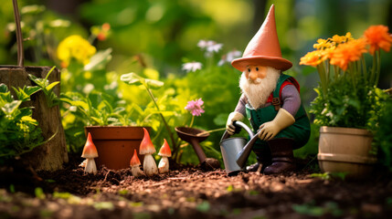 A miniature gnome figurine whimsically waters a garden filled with vibrant flowers, adding a touch of fairy tale charm to the scene. The detailed macro shot captures the whimsy of the setting.