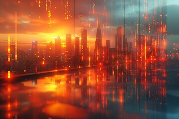 Fototapeta premium a city skyline at sunset with a reflection of the city in the water