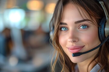 Woman call center worker in headphones for help and advice. Generative AI