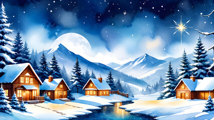 winter landscape with house. Winter Night Background: Vector Hand-Painted Watercolor and Gold Brush Texture Foliage Pine Leaf
