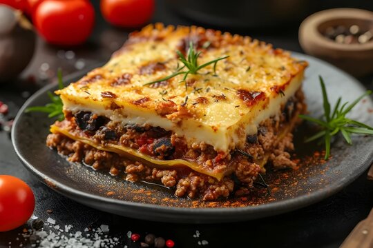 A visually stunning portrayal of the traditional Greek moussaka dish, showcasing its layers and rich Mediterranean flavors, perfect for stock photo use.