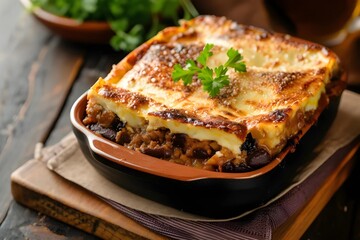 A visually stunning portrayal of the traditional Greek moussaka dish, showcasing its layers and rich Mediterranean flavors, perfect for stock photo use.