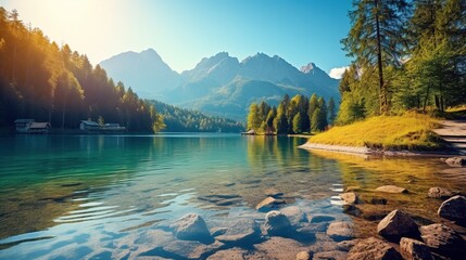 Picturesque summer view of Eibsee lake with Zugspitze mountain range. - obrazy, fototapety, plakaty