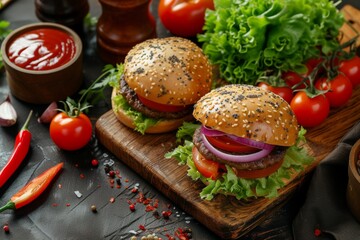 Classic Cheeseburger Delight on a Wooden Board. Generative AI.