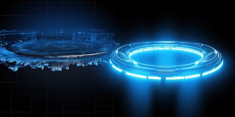 Blue hologram portal: magical fantasy podium with sci-fi holographic effect - abstract futuristic technology design, circular shape with illuminated lights - adobe stock image