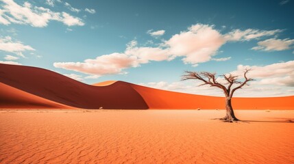 A beautiful desert landscape with a lonely withered tree against a blue sky with rare white clouds on a sunny day. Copy space.
